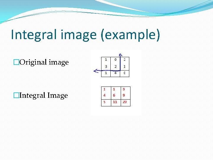 Integral image (example) �Original image �Integral Image 