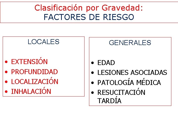 Clasificación por Gravedad: FACTORES DE RIESGO LOCALES • • EXTENSIÓN PROFUNDIDAD LOCALIZACIÓN INHALACIÓN GENERALES