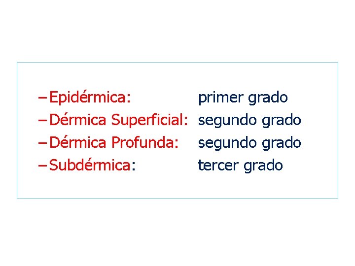 – Epidérmica: – Dérmica Superficial: – Dérmica Profunda: – Subdérmica: primer grado segundo grado