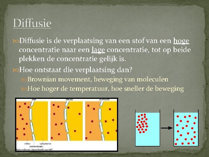 Diffusie is de verplaatsing van een stof van een hoge concentratie naar een lage