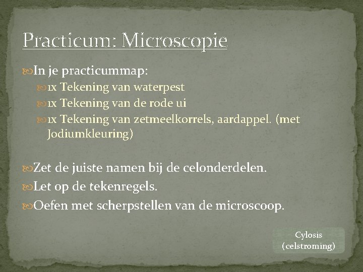 Practicum: Microscopie In je practicummap: 1 x Tekening van waterpest 1 x Tekening van