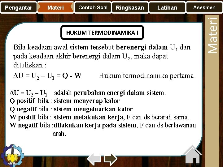 Materi Contoh Soal Ringkasan Latihan Asesmen HUKUM TERMODINAMIKA I Bila keadaan awal sistem tersebut