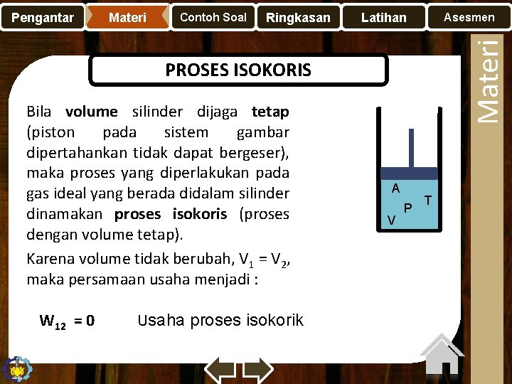 Materi Contoh Soal Ringkasan Latihan Asesmen Materi Pengantar PROSES ISOKORIS Bila volume silinder dijaga