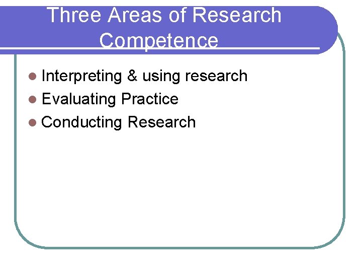 Three Areas of Research Competence l Interpreting & using research l Evaluating Practice l
