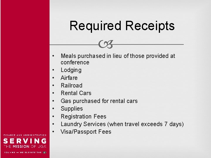 Required Receipts • • • Meals purchased in lieu of those provided at conference