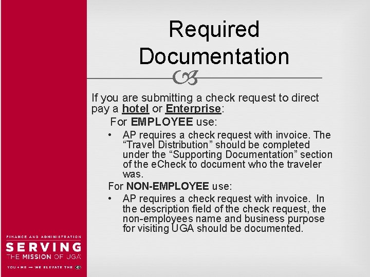 Required Documentation If you are submitting a check request to direct pay a hotel