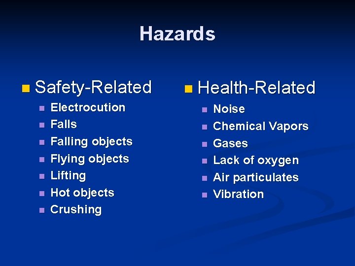 Hazards n Safety-Related n n n n Electrocution Falls Falling objects Flying objects Lifting