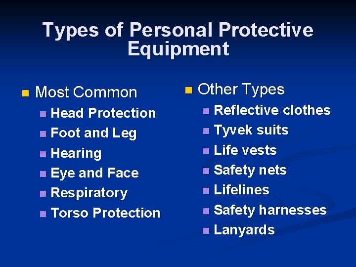 Types of Personal Protective Equipment n Most Common Head Protection n Foot and Leg