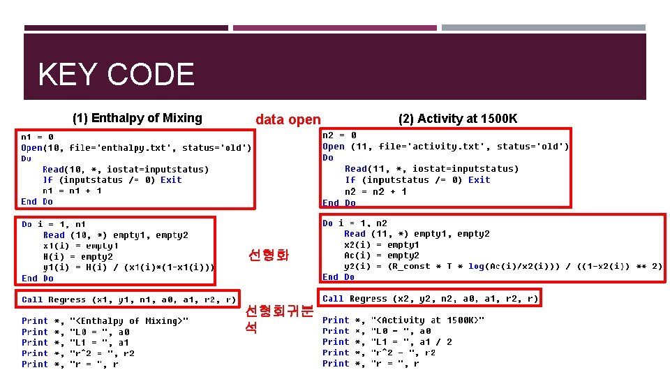 KEY CODE (1) Enthalpy of Mixing data open 선형화 선형회귀분 석 (2) Activity at