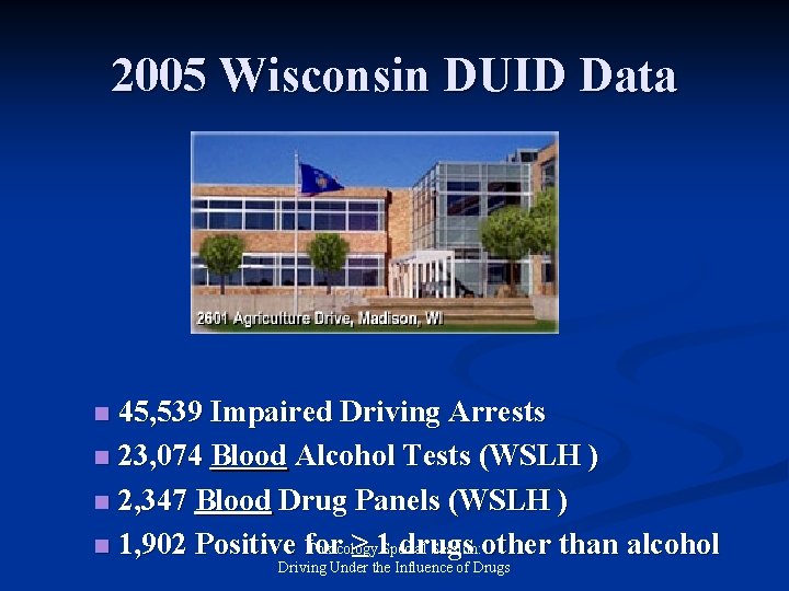 2005 Wisconsin DUID Data 45, 539 Impaired Driving Arrests n 23, 074 Blood Alcohol