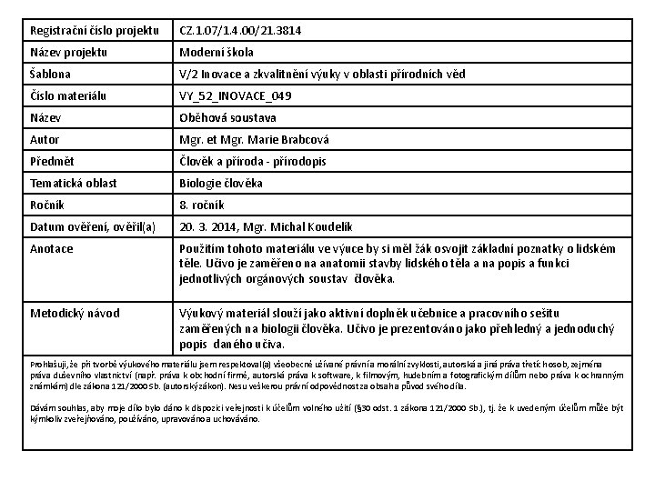 Registrační číslo projektu CZ. 1. 07/1. 4. 00/21. 3814 Název projektu Moderní škola Šablona