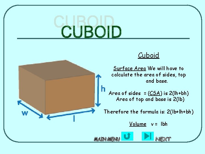 Cuboid Surface Area We will have to calculate the area of sides, top and