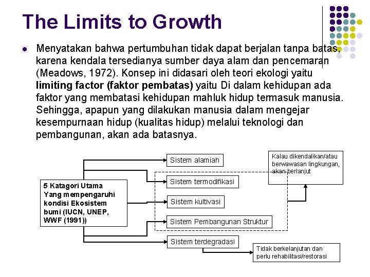 The Limits to Growth l Menyatakan bahwa pertumbuhan tidak dapat berjalan tanpa batas, karena