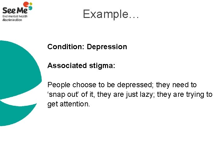 Example… Condition: Depression Associated stigma: People choose to be depressed; they need to ‘snap