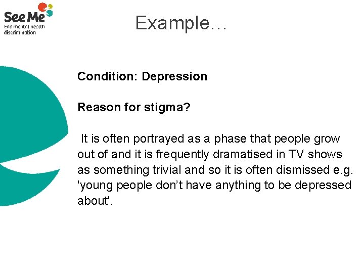 Example… Condition: Depression Reason for stigma? It is often portrayed as a phase that