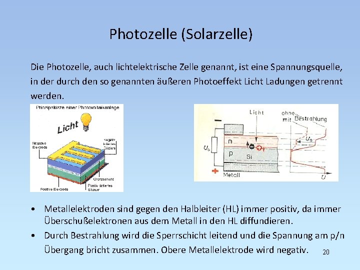 Photozelle (Solarzelle) Die Photozelle, auch lichtelektrische Zelle genannt, ist eine Spannungsquelle, in der durch