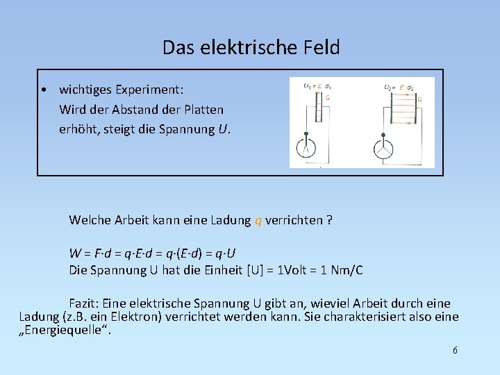 Das elektrische Feld • wichtiges Experiment: Wird der Abstand der Platten erhöht, steigt die