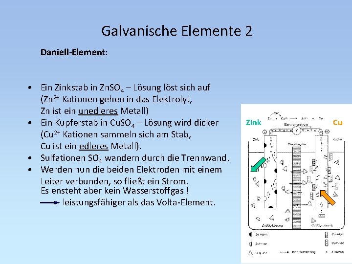 Galvanische Elemente 2 Daniell-Element: • Ein Zinkstab in Zn. SO 4 – Lösung löst