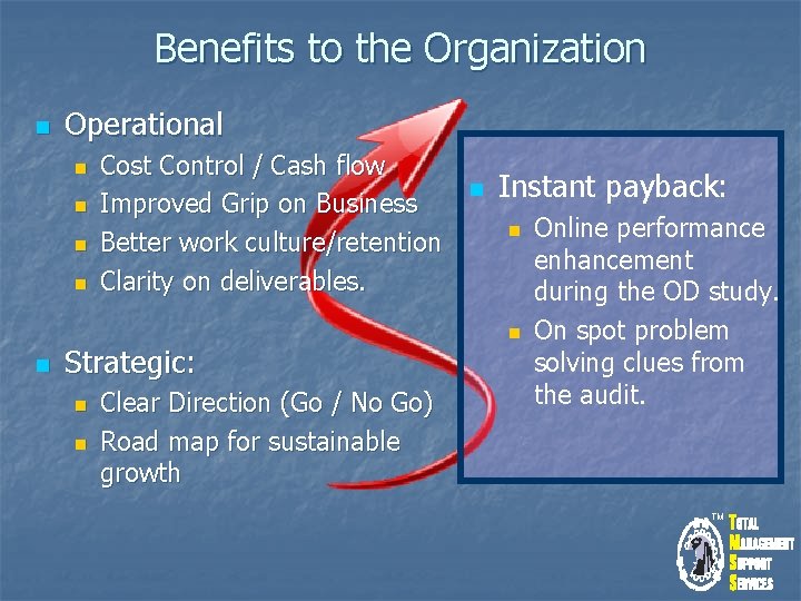 Benefits to the Organization n Operational n n n Cost Control / Cash flow
