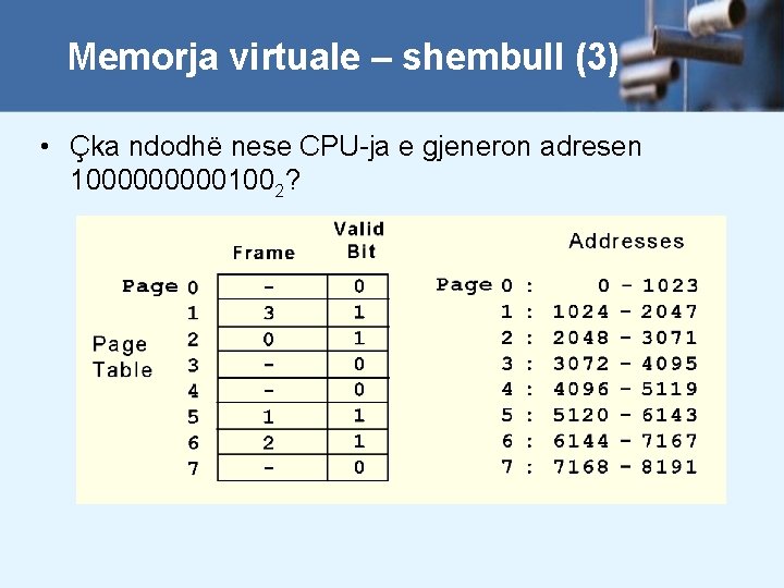 Memorja virtuale – shembull (3) • Çka ndodhë nese CPU-ja e gjeneron adresen 1000001002?