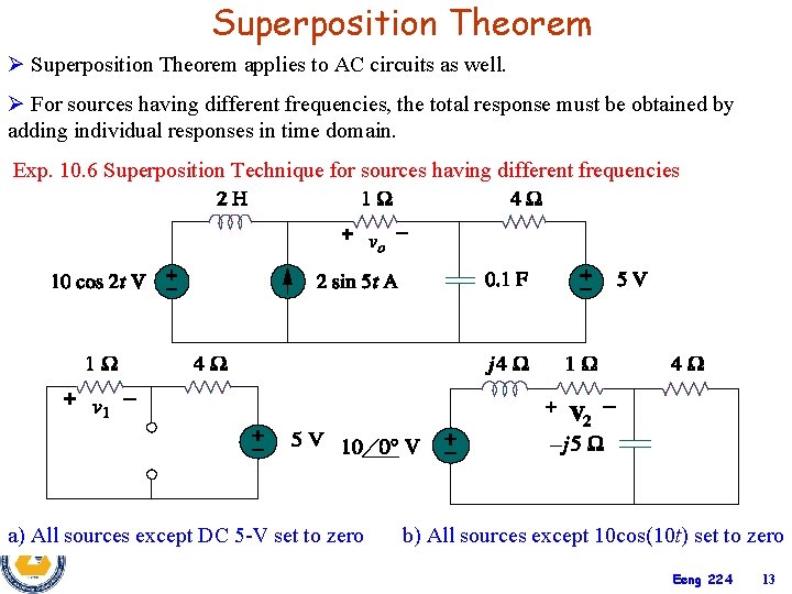 Superposition Theorem Ø Superposition Theorem applies to AC circuits as well. Ø For sources