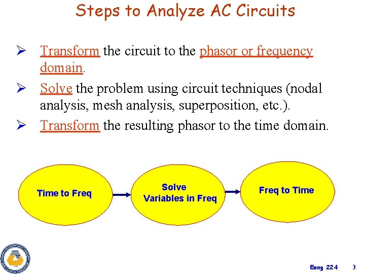 Steps to Analyze AC Circuits Ø Transform the circuit to the phasor or frequency