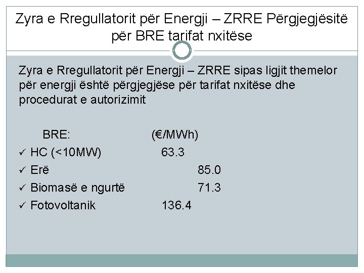 Zyra e Rregullatorit për Energji – ZRRE Përgjegjësitë për BRE tarifat nxitëse Zyra e