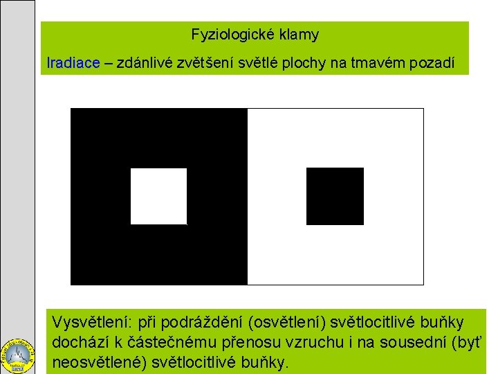 Fyziologické klamy Iradiace – zdánlivé zvětšení světlé plochy na tmavém pozadí Vysvětlení: při podráždění