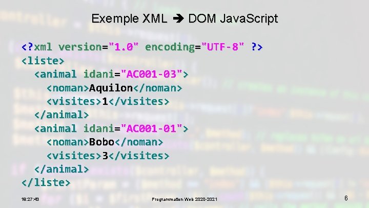 Exemple XML DOM Java. Script <? xml version="1. 0" encoding="UTF-8" ? > <liste> <animal