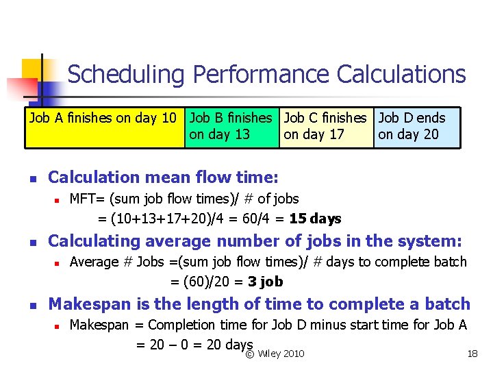 Scheduling Performance Calculations Job A finishes on day 10 Job B finishes Job C