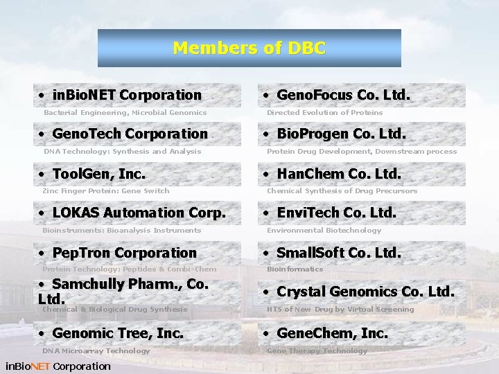 Members of DBC • in. Bio. NET Corporation Bacterial Engineering, Microbial Genomics • Geno.