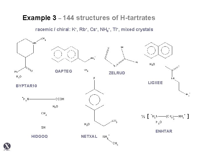 Example 3 – 144 structures of H-tartrates racemic / chiral: K+, Rb+, Cs+, NH