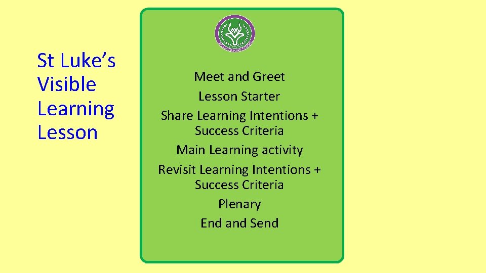 St Luke’s Visible Learning Lesson Meet and Greet Lesson Starter Share Learning Intentions +