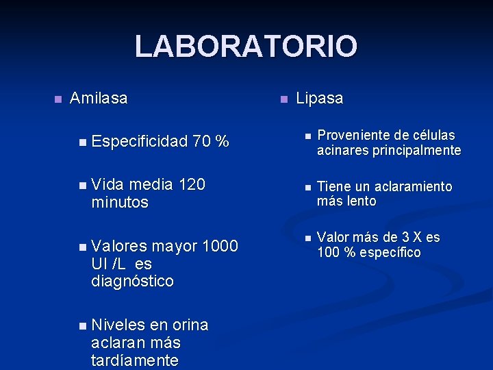 LABORATORIO n Amilasa n Especificidad n 70 % n Vida media 120 minutos n