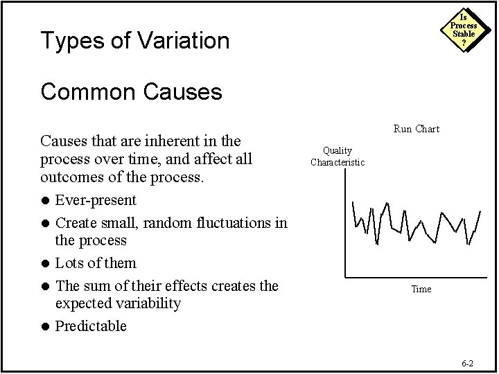 Is Process Stable ? Types of Variation Common Causes that are inherent in the