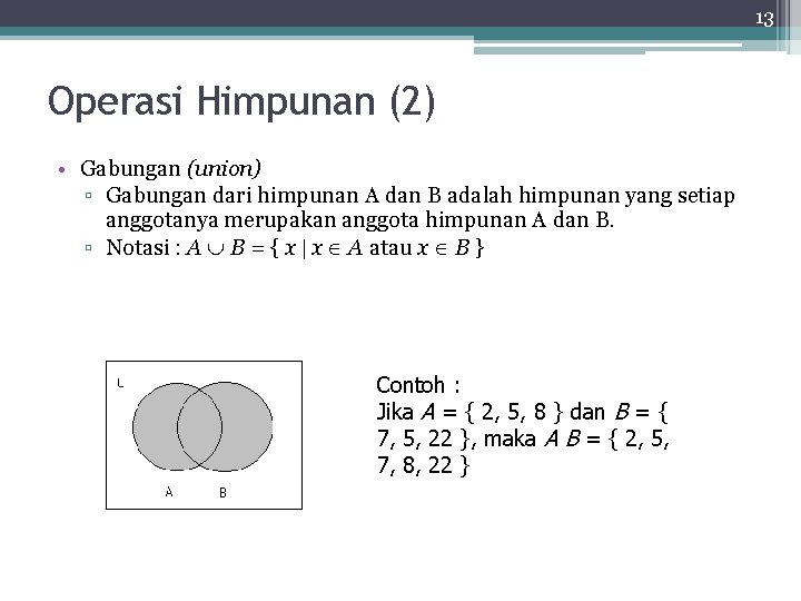 13 Operasi Himpunan (2) • Gabungan (union) ▫ Gabungan dari himpunan A dan B