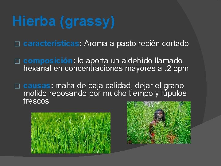 Hierba (grassy) � características: Aroma a pasto recién cortado � composición: lo aporta un