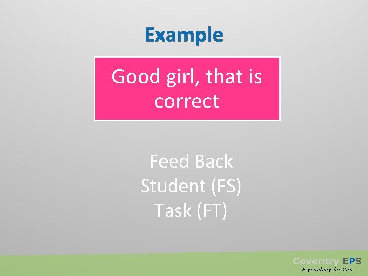 Example Good girl, that is correct Feed Back Student (FS) Task (FT) Coventry EPS