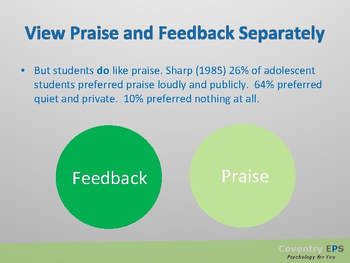 View Praise and Feedback Separately • But students do like praise. Sharp (1985) 26%