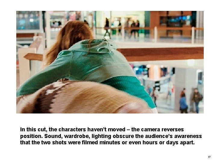 In this cut, the characters haven’t moved – the camera reverses position. Sound, wardrobe,