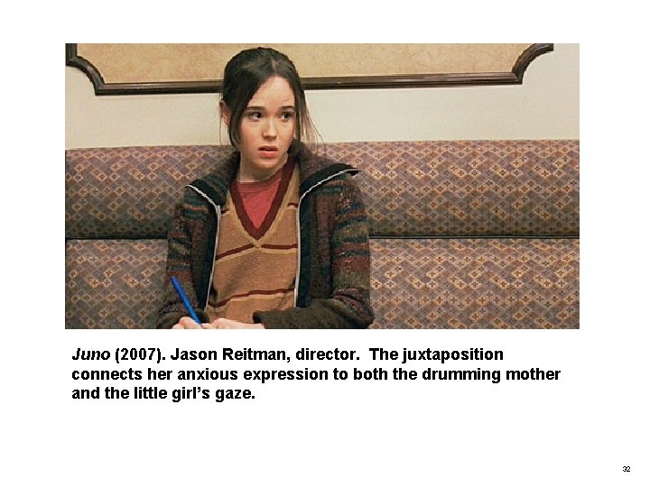 Juno (2007). Jason Reitman, director. The juxtaposition connects her anxious expression to both the