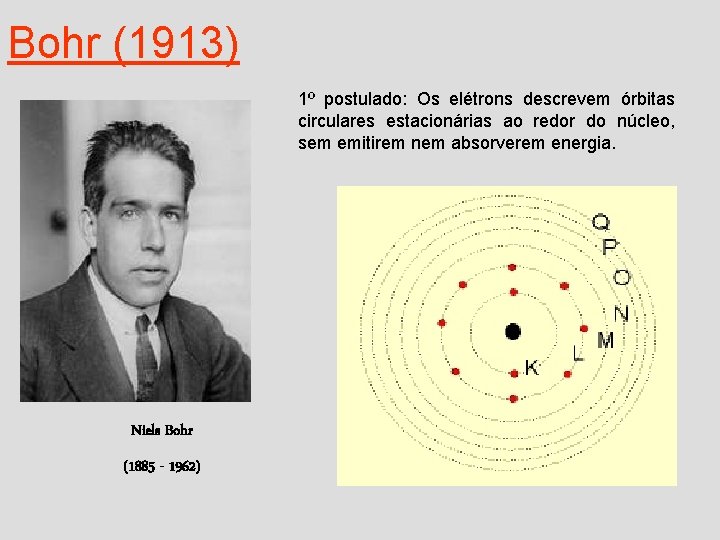 Bohr (1913) 1º postulado: Os elétrons descrevem órbitas circulares estacionárias ao redor do núcleo,