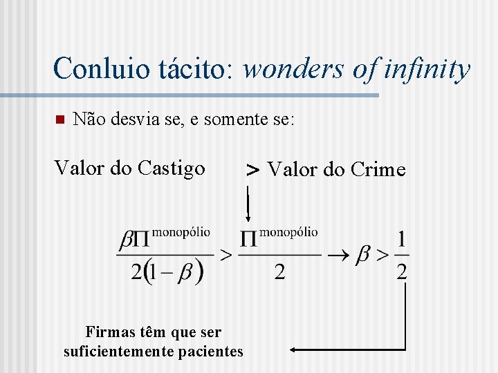 Conluio tácito: wonders of infinity n Não desvia se, e somente se: Valor do