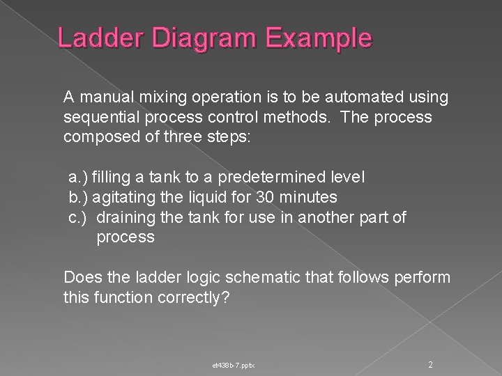 Ladder Diagram Example A manual mixing operation is to be automated using sequential process