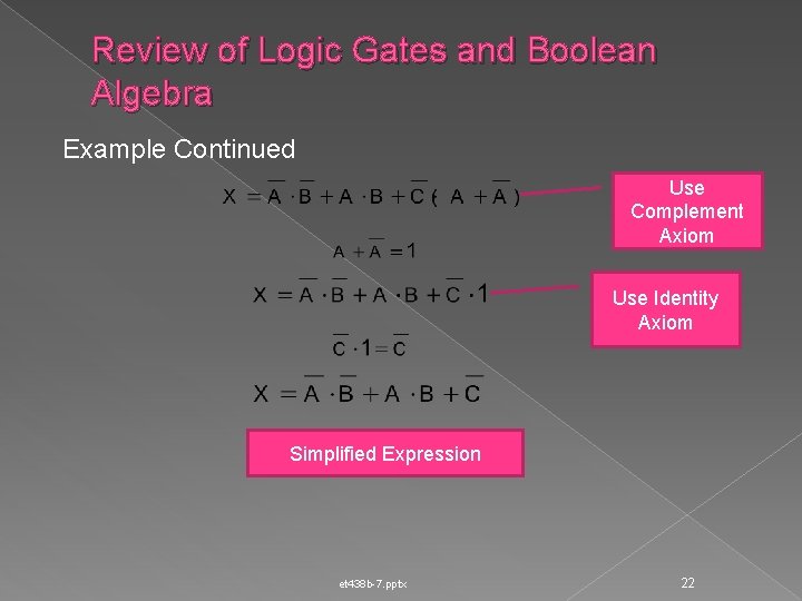 Review of Logic Gates and Boolean Algebra Example Continued Use Complement Axiom Use Identity