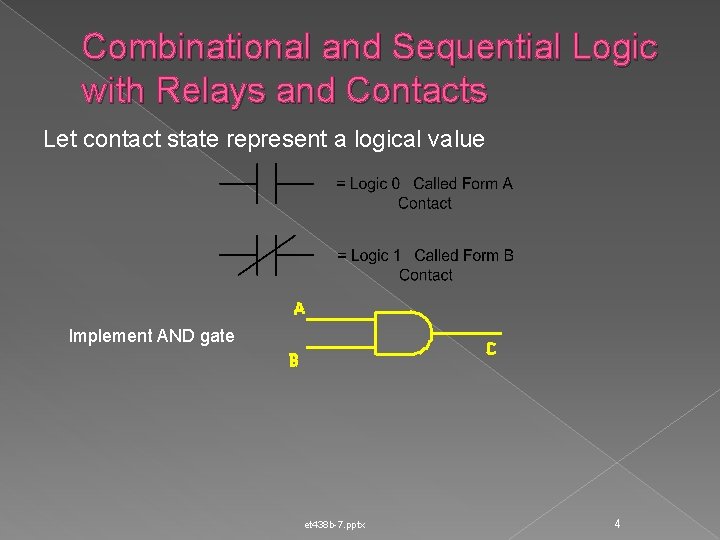 Combinational and Sequential Logic with Relays and Contacts Let contact state represent a logical