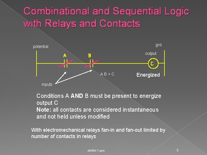 Combinational and Sequential Logic with Relays and Contacts grd potential output AB=C Energized inputs