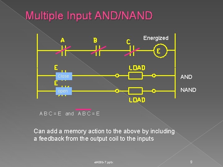 Multiple Input AND/NAND Energized Close AND open NAND A B C = E and