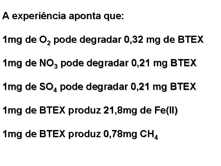 A experiência aponta que: 1 mg de O 2 pode degradar 0, 32 mg