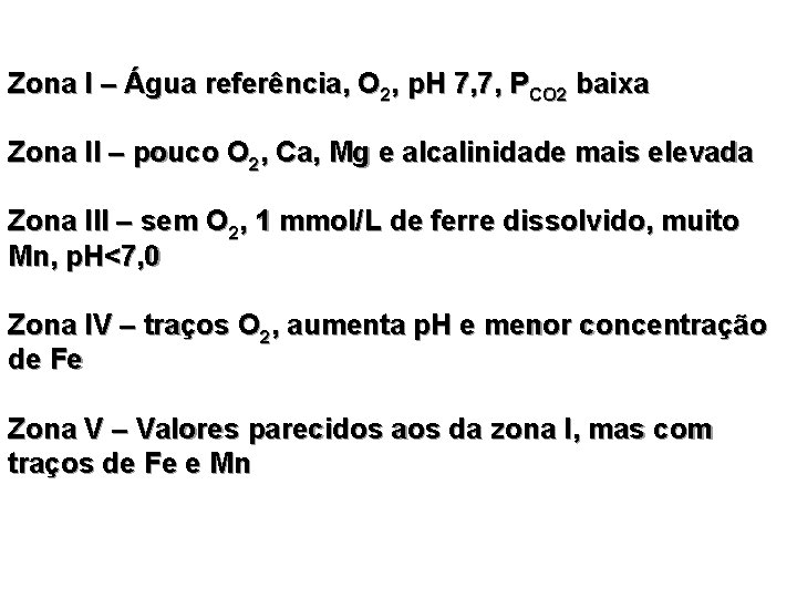 Zona I – Água referência, O 2, p. H 7, 7, PCO 2 baixa